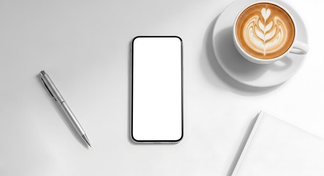 Smartphone mockup features a white blank screen on a clean workspace beside a latte and silver pen. Minimalist flat lay composition with sharp focus. Ideal for digital interface design previews.