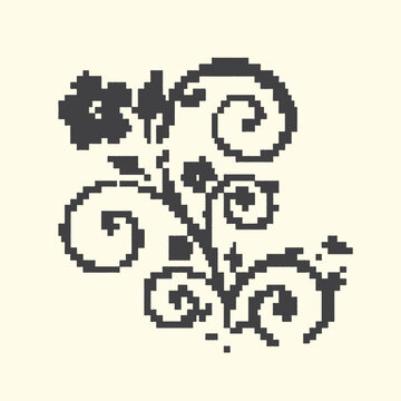 Ornate floral scrollwork with flower and leaves in pixelated style scrollwork decoration illustration victorian decorative filigree botanical abstract artistic creative ornament monochrome