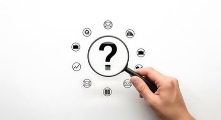 Fototapeta premium Question mark centered under a magnifying glass surrounded by circular business icons on a white background. Sharp focus and clean composition. Ideal for corporate problem solving presentations.