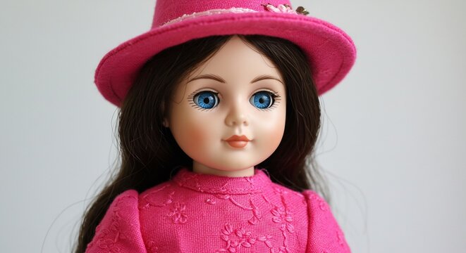 可愛いピンクの帽子を被った人形のアップ澄んだ青い瞳が美しく優しい雰囲気のポートレート. AI Generated