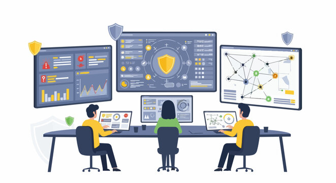 Cybersecurity team monitoring digital data and network protection