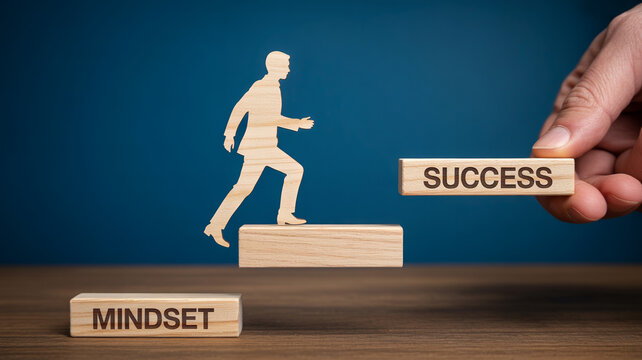 A wooden person silhouette illustrates the journey from mindset as a foundation to achieving success