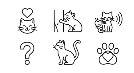 Set of cute cat line icons with heart question mark and paw print on white background © Waqas