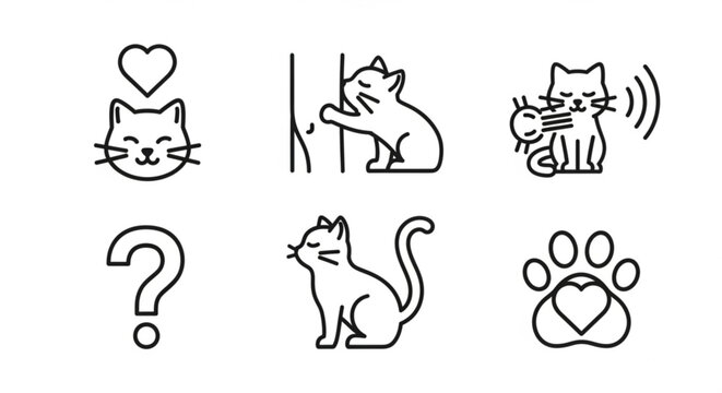 Set of cute cat line icons with heart question mark and paw print on white background