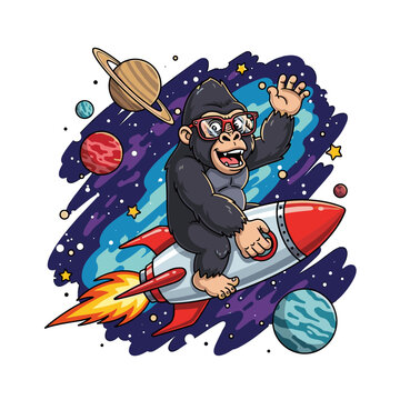 Cute Gorilla Astronaut Flying On Rocket Ship In Galaxy Space Adventure