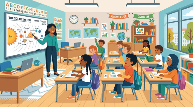 Engaged elementary students from diverse backgrounds actively learning about the solar system with their attentive teacher in a modern, vibrant classroom