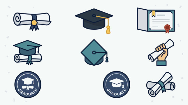 Collection of graduation caps, diplomas, and scrolls symbolizing academic achievement and commencement ceremonies