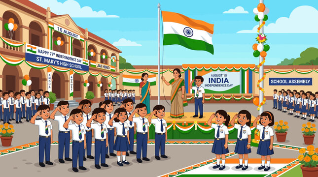 Students and teachers celebrate Indian Independence Day with a flag hoisting ceremony at a school, honoring national pride and unity