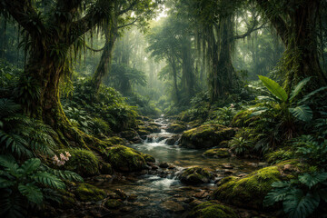 Fototapeta premium Lush green forest with a stream flowing through the dense vegetation.