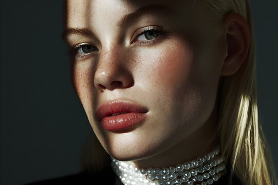 Fashion portrait of blonde model, smooth fair skin tone without spots, soft glossy pink lips, pearl choker, minimal makeup, smooth straight hair, dramatic light casting shadows across the face
