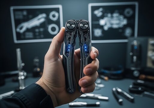 Hand Holding a Futuristic High-Tech Multitool in a Modern Engineering Lab
