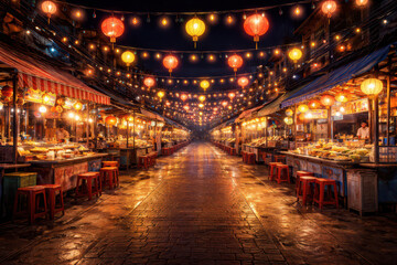 Fototapeta premium Vibrant night market with colorful lanterns and food stalls.