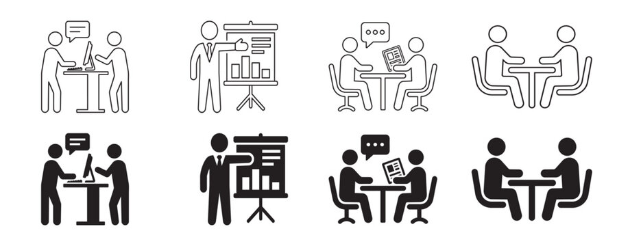 Black and white pictogram set depicting various business meeting and communication scenarios ideal for presentations and infographics