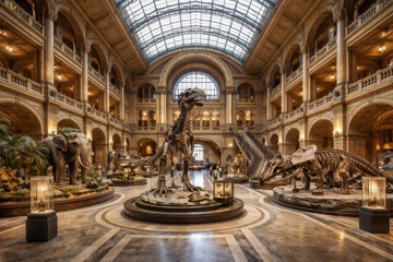 Obraz premium A grand museum interior featuring dinosaur and elephant skeletons.