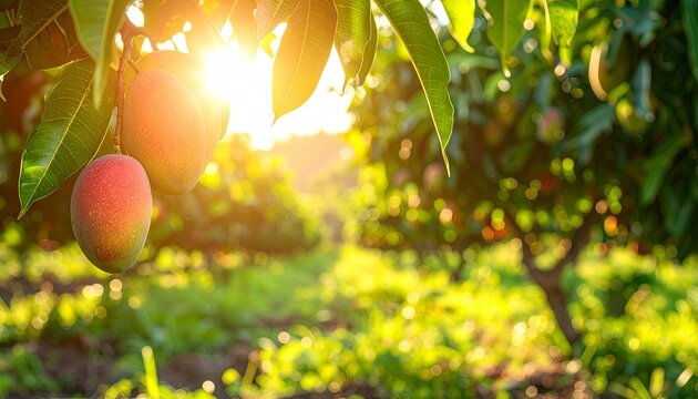 Ripe mango hanging from a tree branch