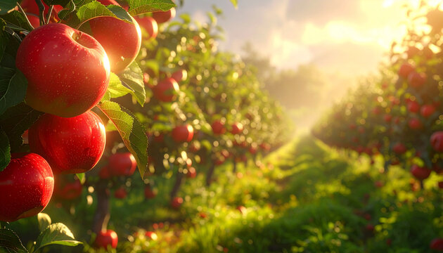 Red apples on tree orchard sunlight