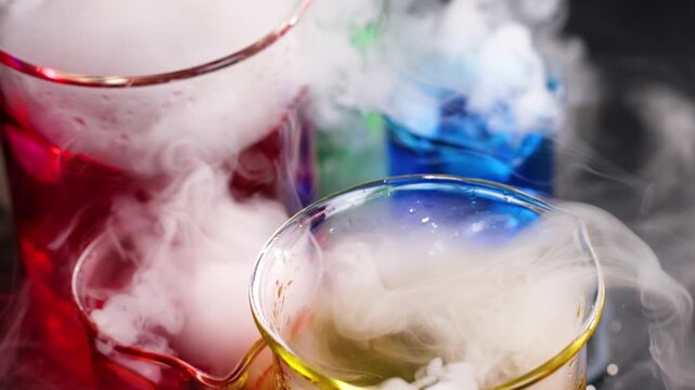 Colorful chemical reaction with liquid nitrogen in laboratory glass beakers during scientific experiment.