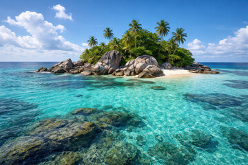 Naklejka premium Tropical island with palm trees and clear turquoise water.
