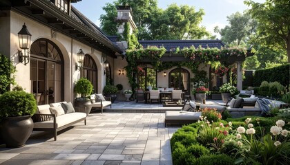 Fototapeta premium Luxurious Patio with Furniture and Greenery.
