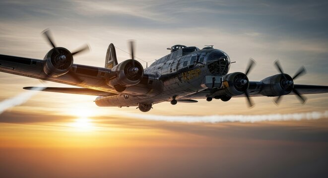 Iconic World War II Era Bomber Flying at Sunset.