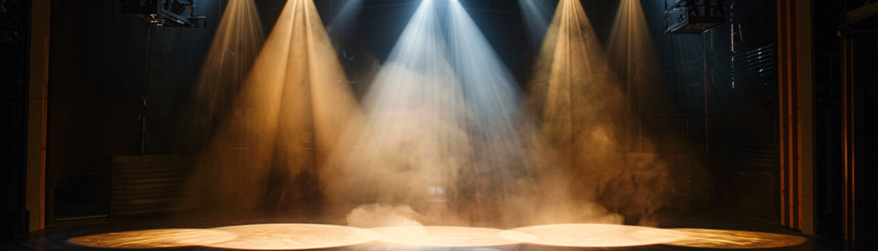 Intense contrasting stage lights casting bold shadows on an empty space setting a powerful backdrop for modern dance
