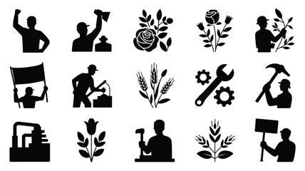 Obraz premium Collection of 12 black vector silhouettes depicting people working tools plants and flowers on white background