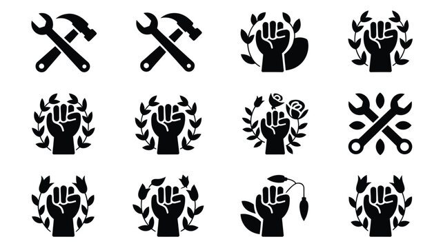 Minimalist black vector icons set of twelve fists and tools with leaves symbolizing eco friendly construction and sustainable living