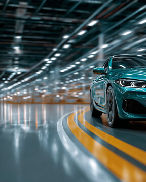 Modern Metallic Car: A cutting-edge, turquoise-colored car navigates a state-of-the-art automotive factory, blending industrial design with the sleek lines of modern transport.