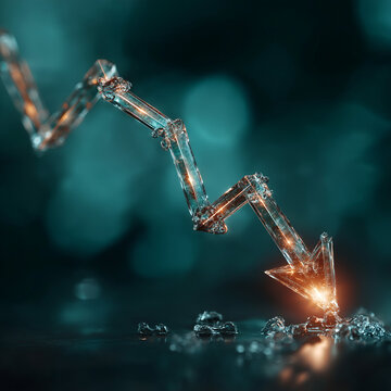 Economic Downturn Symbolized: A visually striking representation of economic decline, with a shattered arrow composed of glass against a blurred background, evoking concern.