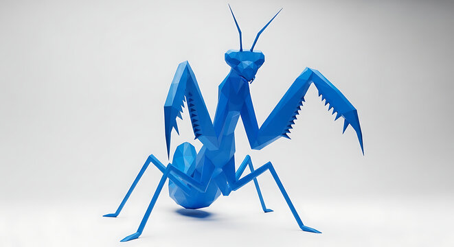 Blue low poly praying mantis on white background insect