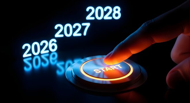A human finger presses a glowing start button to initiate future plans.