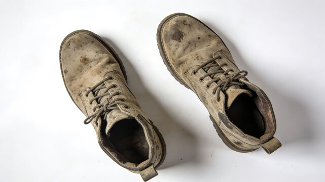 Dirty work boots with mud stains on white background, top view. Rugged outdoor footwear concept.
