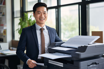 Fototapeta premium Smiling Asian businessman prints paper on a multifunction laser printer in business office. Document and paperwork. Copy, print, scan, and fax machine. Print technology. Photocopy. Generative AI.