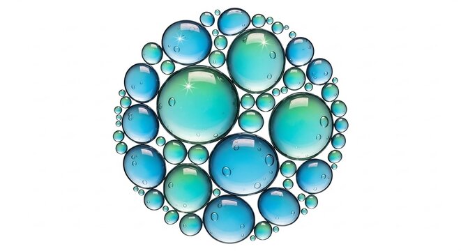 白色背景に様々な大きさの青緑色の水滴が光を屈折させ輝く。透明感あふれる球状の配置が清潔感とみずみずしい生命力を表現する抽象アート。. AI Generated