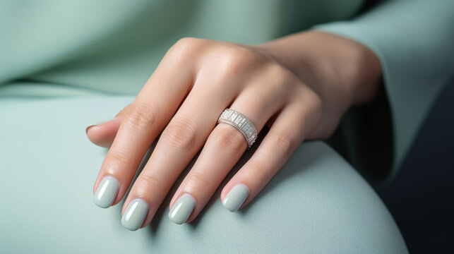 Glamour woman hand with mint green nail polish on her fingernails. Green nail manicure with gel polish at luxury beauty salon. Nail art and design. Female hand model. French manicure. Generative AI.