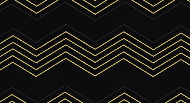 闇夜を思わせる深遠な黒の空間に一筋の光のように鮮やかに煌めく金色のジグザグラインが織りなすシームレスパターン 洗練された幾何学模様が現代的な豪華さと独特の美意識を巧みに表現する抽象背景デザイン. AI Generated