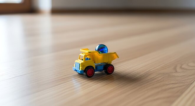 Small toy dump truck carrying a blue glass marble on a wooden floor