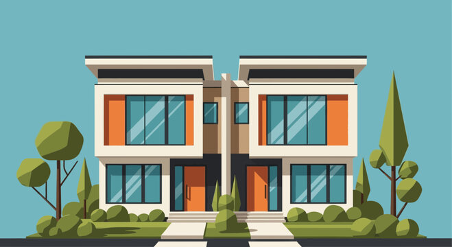 Modern Twin Houses Facade, Geometric Design, Suburban Architecture, Flat Illustration