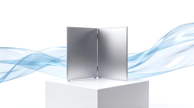 Tech product display stand with blue flowing ribbon