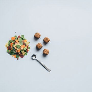 fish food flat lay with pellets and flakes minimal