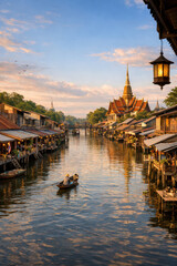 Obraz premium Sunset on a tranquil canal in a traditional Southeast Asian village with temples.