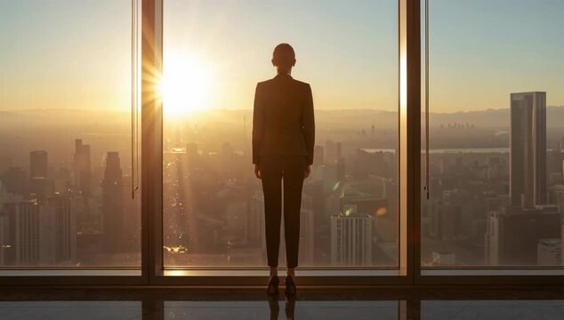 朝日に染まる高層オフィスで未来を見据える日本人女性管理職の後ろ姿