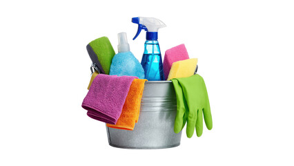 Cleaning supplies in metal bucket for home hygiene and sanitation © MdMahfuz