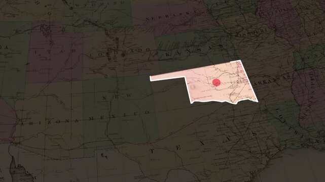 Oklahoma state map highlight on united states vintage map animated map, use for label for geography visuals, news graphics, educational content, and regional. presentation video.