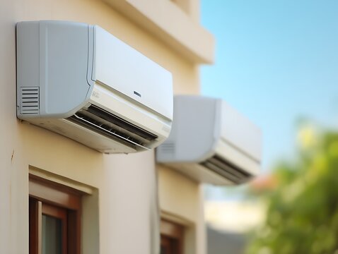 Two air conditioning units mounted on the exterior wall of a building under a clear blue sky.