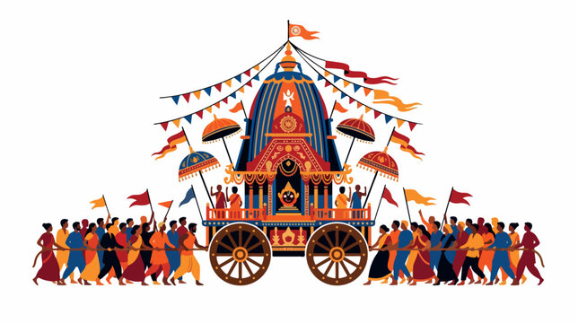 Vibrant Ratha Yatra festival with devotees pulling a grand chariot.
