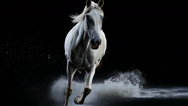 重量感のある白い馬が暗い背景で水しぶきを上げて走る迫力の瞬間