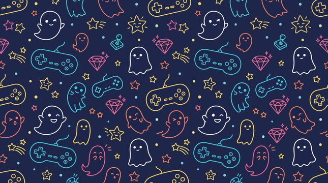 Colorful Halloween doodle pattern with ghosts pumpkins and spooky icons on dark background.