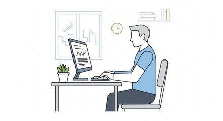 Fototapeta premium Man working at computer in modern office illustration