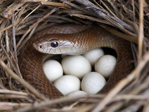 Snake Protecting Eggs in Nest.